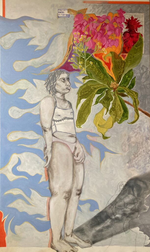 One figure painted in grey tones stands, facing and looking to the right. There is a mass of green, orange, pink, purple, and red foliage in the right corner, and blue shapes coming from the left of the canvas. There is a grey shadow in the bottom right. The background is a light blue tone.