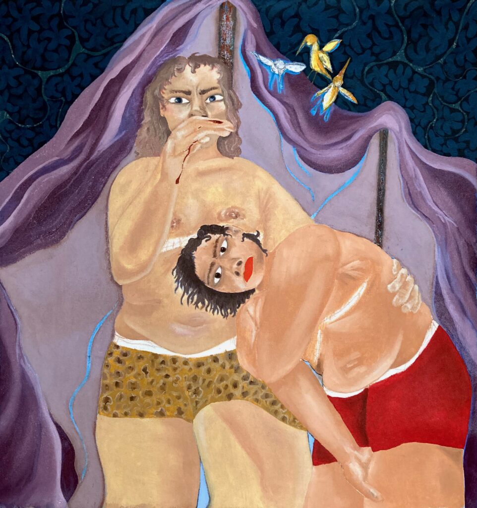 Two figures stand together. The figure on the left has their hand on the figure to the right. A purple cloth-like object hangs behind them, and in the background is a pattern of blue shapes. Birds hover to the right of the figures.