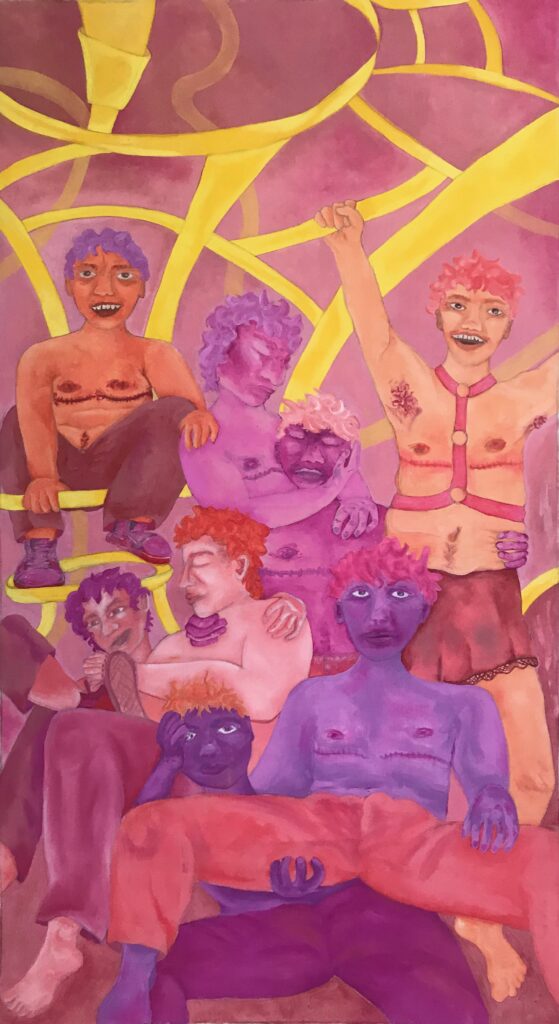 Eight figures with short hair, painted in a range of pink and purple tones hold one another and play. There are thick yellow lines in the top half of the painting behind the figures. Many of the figures have scars from top surgery.