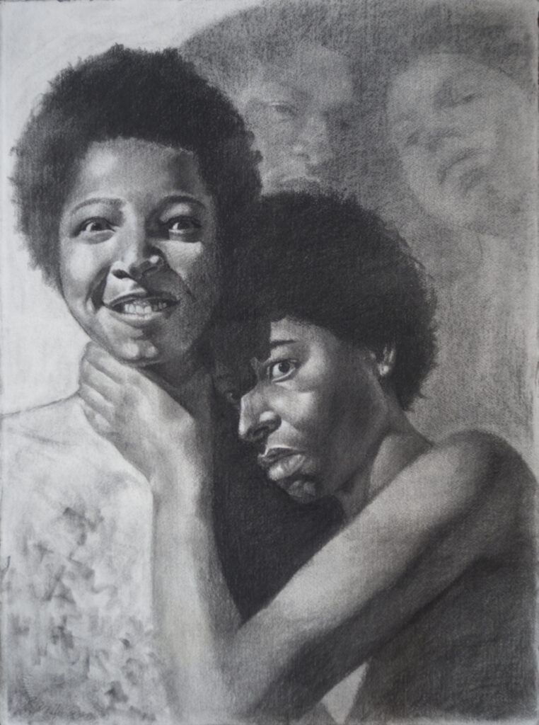 Charcoal drawing of two versions of the artist.