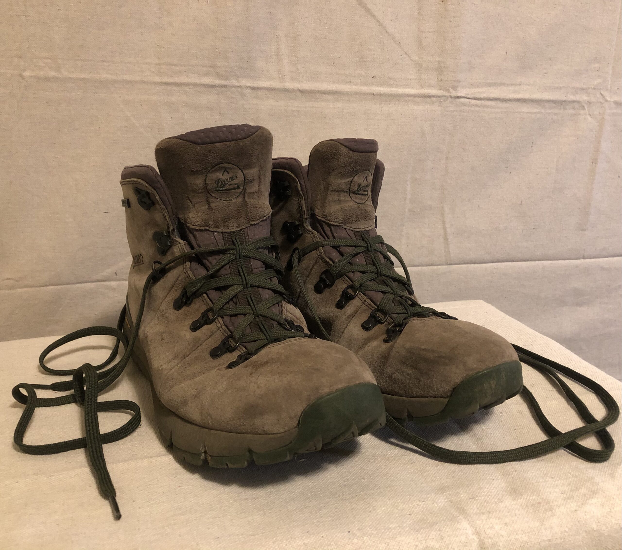 A pair of hiking boots with laces untied stationed atop a surface.