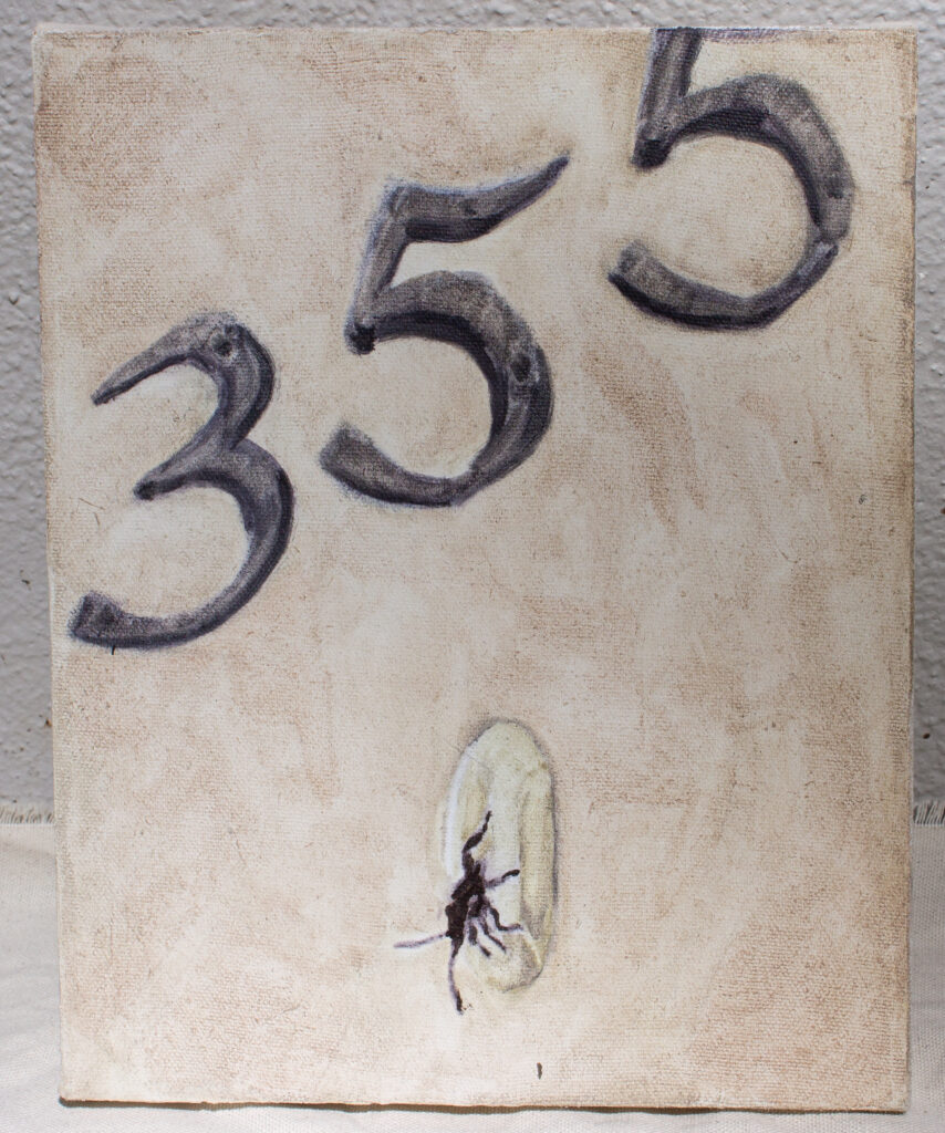 A small oil painting of an iron home address, “3 5 5,” with a command strip hook underneath. On top of the hook sits a dark black bug, in the same blue-black colors as the iron address. The background is a light, textured beige wash, an exterior wall. 