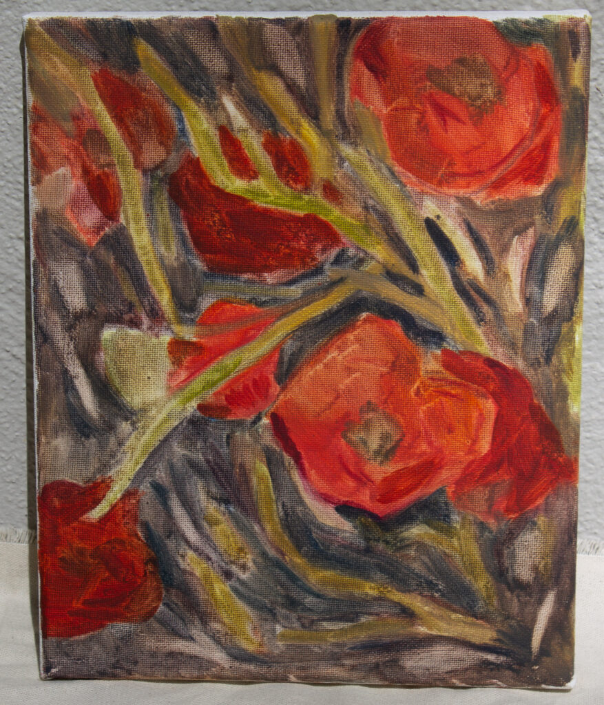 A small oil painting of red poppies, with stems and buds extended and fragmented in space. There is a dark blue-brown background to contrast with red-orange petals and chartreuse stems, but no clear indication of space.