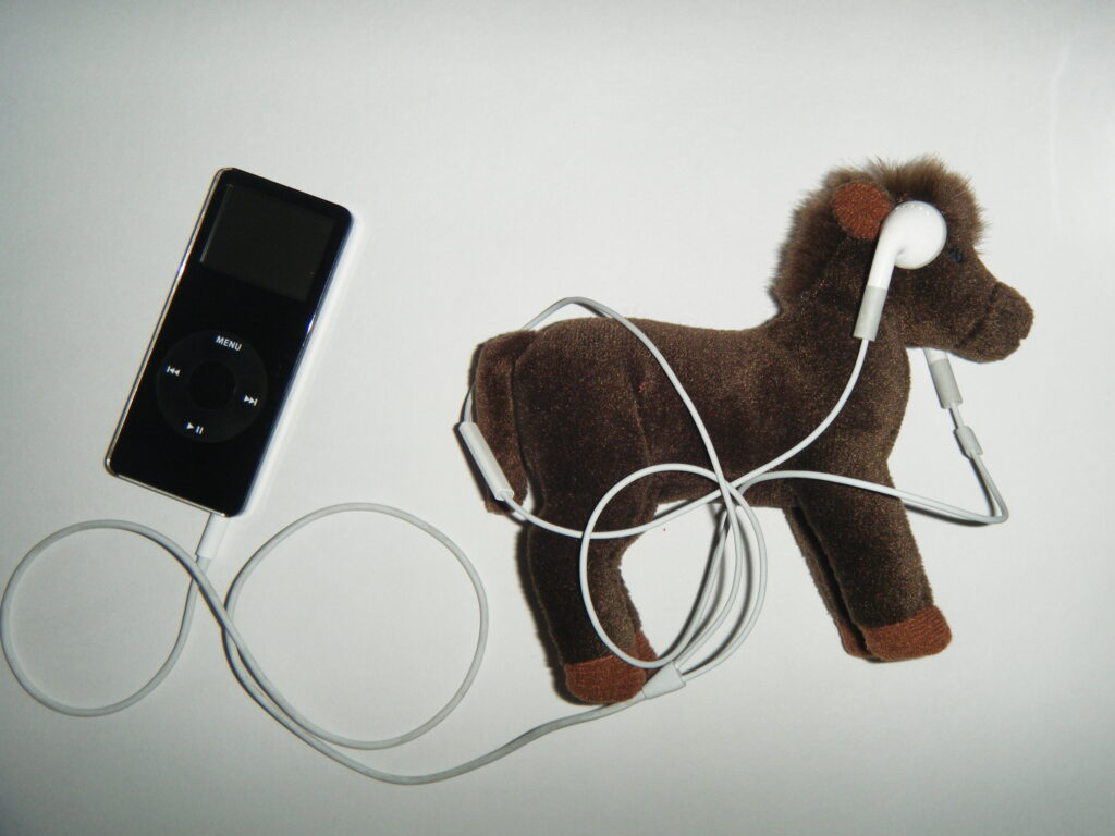 Digital photo; a [stuffed] horse wearing tangled Apple earbuds, plugged into a black iPod, rests on a white surface. 