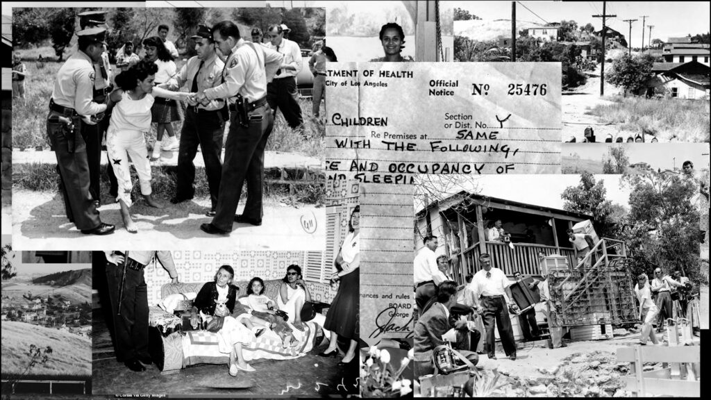 A collection of black and white images depicting homes, a community, community members and police. 