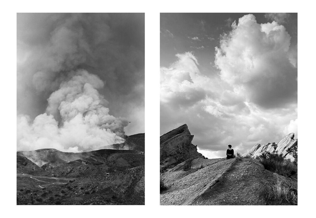 A diptych of two black & white photos; the left photograph is of a fire raging across a mountainside, filling the sky with smoke. The right shows a person sitting on a rocky hill in the center of the photograph, framed on either side by the Vasquez Rock Formation. The sky is filled with clouds, mimicking the smoke seen in the first image.
