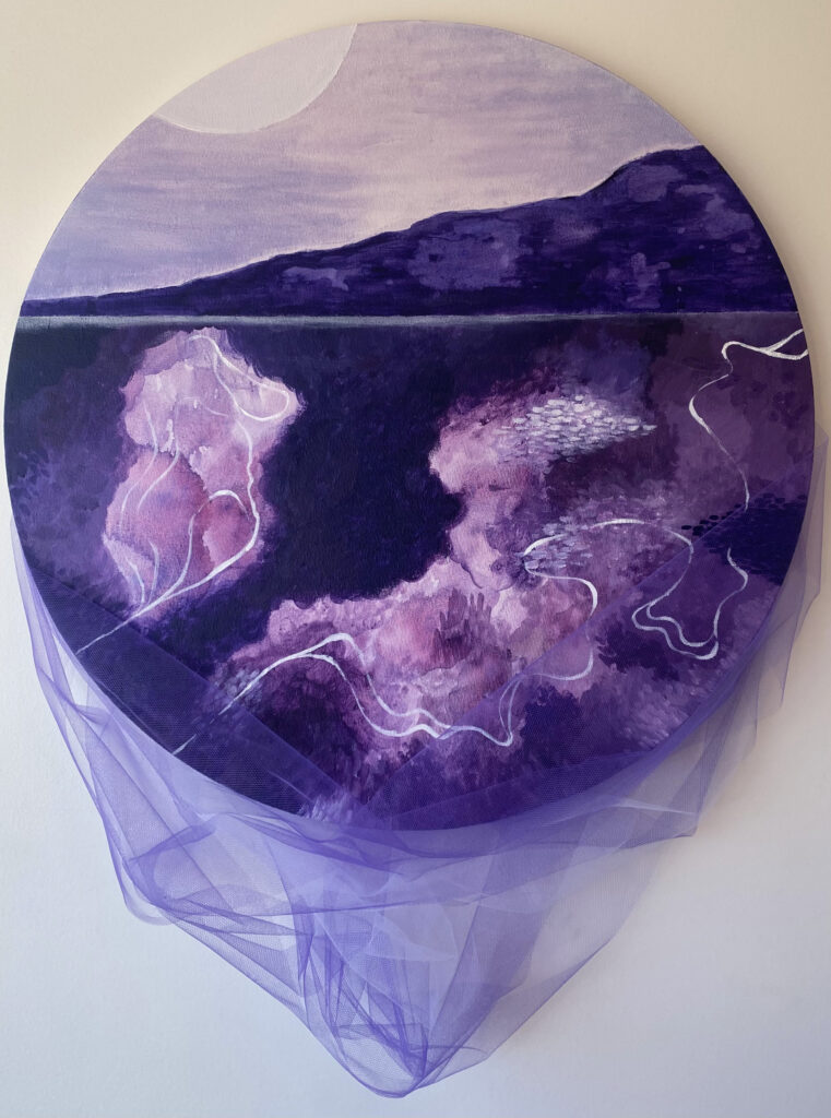 On a circular canvas, a simple landscape takes up the upper fourth of the composition. Below it are multidimensional swirls, clouds and amorphous shapes, broken up by slender while lines that lead the eye from the bottom left to upper right of the composition. The painting follows a monochromatic purple color scheme. The bottom of the canvas is draped in tulle.