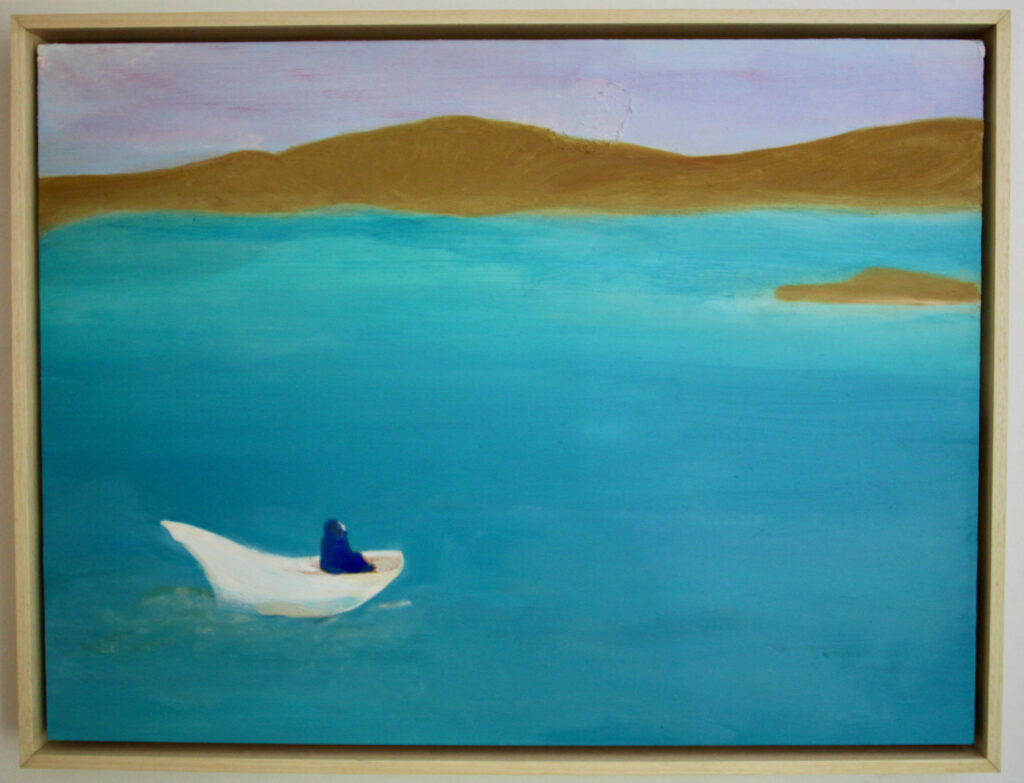 "At Sea" by Rachel Share, oil paint on wood panel, depicting a woman in a boat at sea near a desert shore