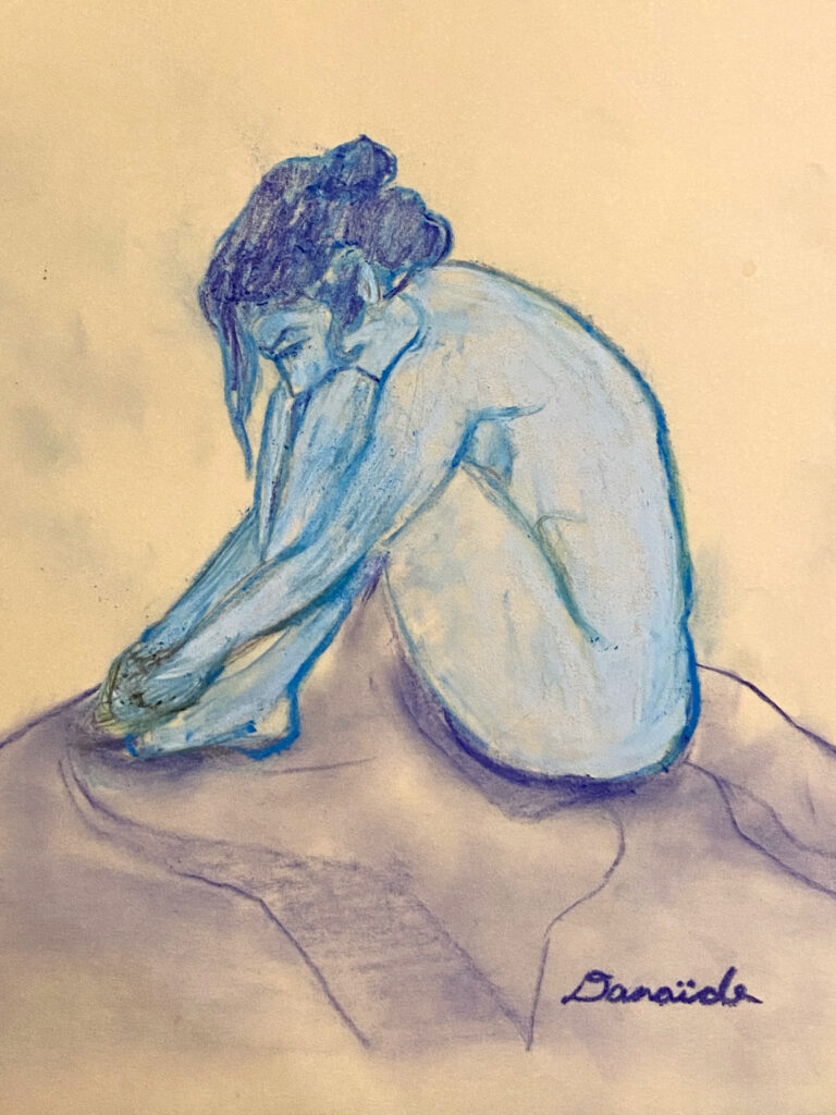 "Denaide" by Rachel Share, wax pastel on paper, depicting a woman seated on her heels