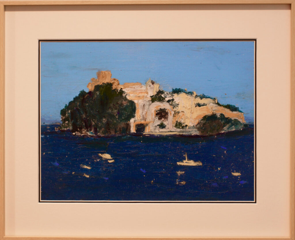 "Ischia" by Rachel Share, oil pastel on paper, depicting a yellow island in the blue sea