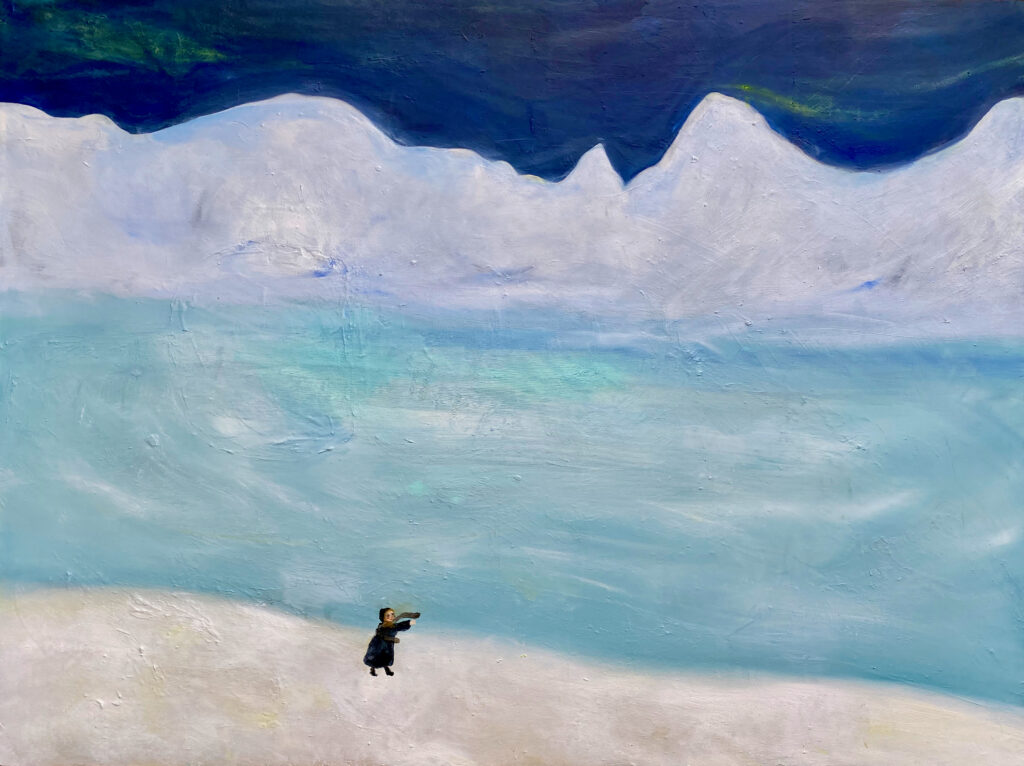"Nordiscape" by Rachel Share, oil paint on wood panel, depicting a girl at the foot of snowy mountains