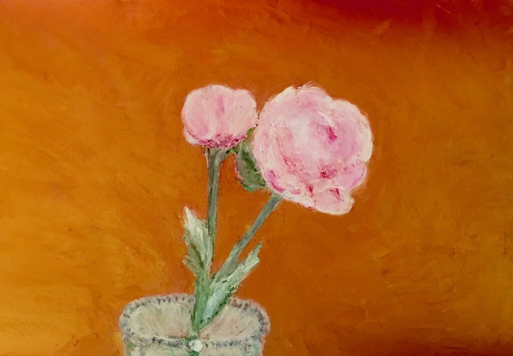 "Peonies" by Rachel Share, oil pastel on paper, depicting pink flowers on an orange background