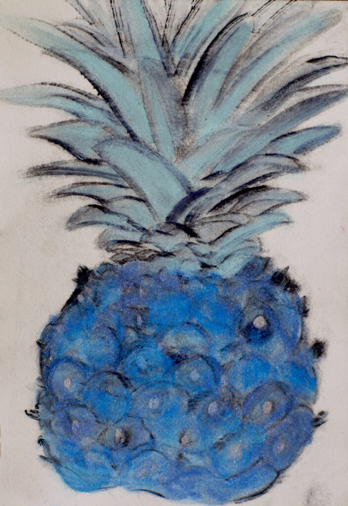 "The Blue Pineapple" by Rachel Share, oil pastel on paper, depicting an abstract blue pineapple