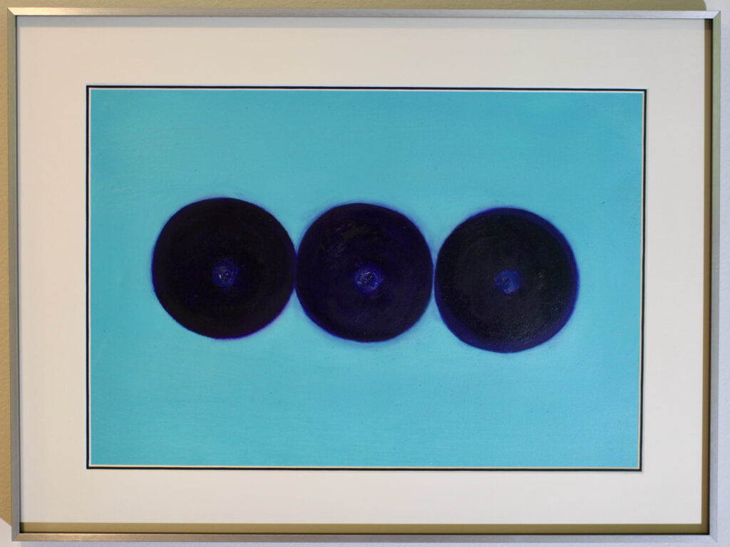 "The Blueberries" by Rachel Share, oil paint on paper, depicting three abstract berries