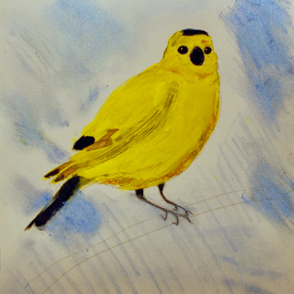 "The Goldfinch" by Rachel Share, mixed media on paper, depicting a yellow bird
