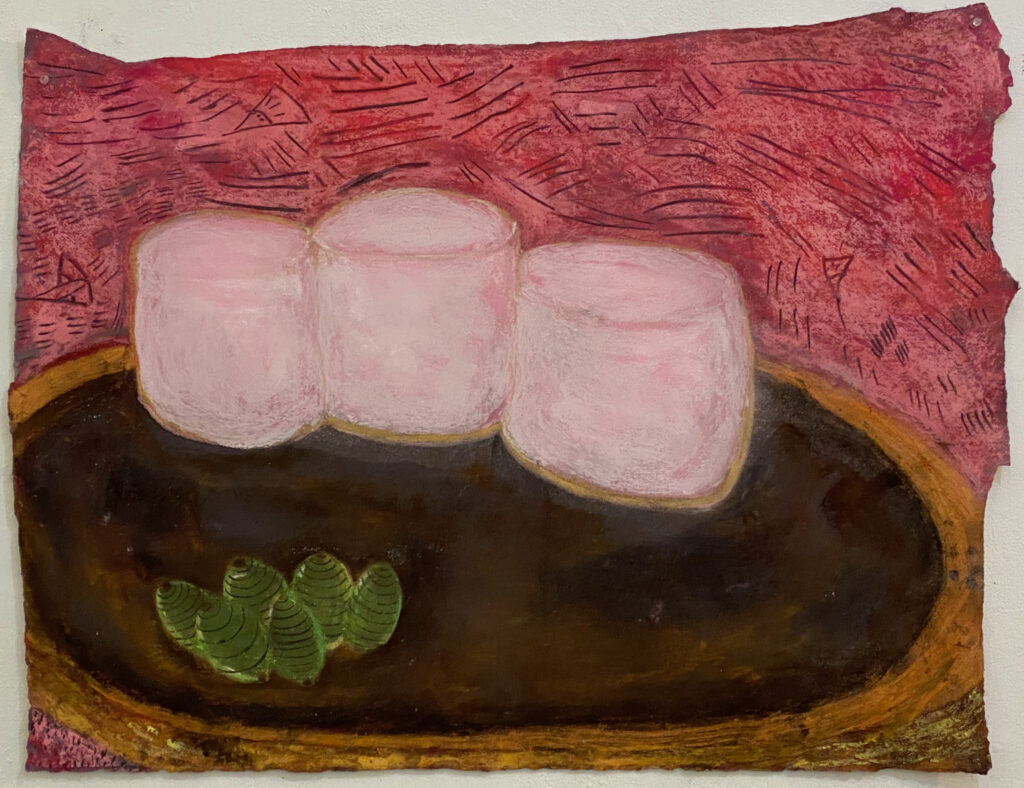 "Pink Marshmallows and Green Olives" by Rachel Share, oil pastel on paper, depicting abstract marshmallows and olives in a still life