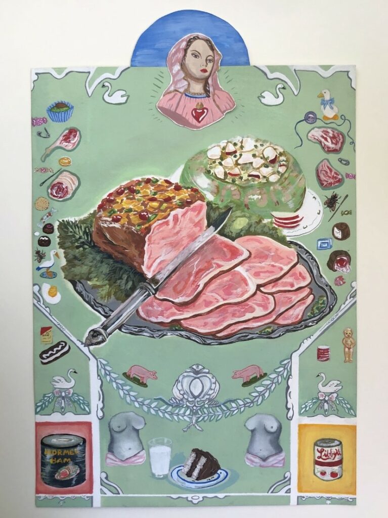 Madonna is on the top of the page beneath a sliced ham on a silver platter. Toys, candy, domestic goods and baby products are represented on both sides. Below the ham are two nude female torsos, a glass of milk ,and a slice of chocolate cake.